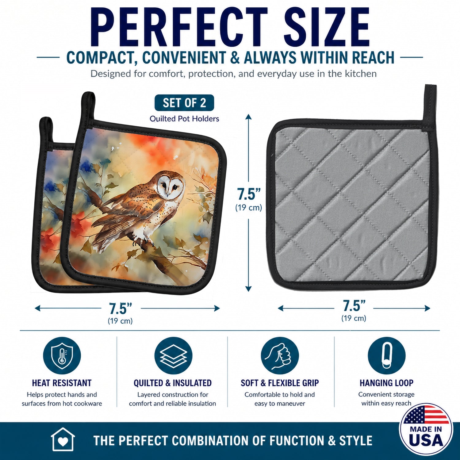 Perched Owl Woodland Wildlife Pot Holder Set of 2 Heat Resistant Quilted Hot Pads 7.5 x 7.5 Inch, Insulated Kitchen Trivets for Cooking & Baking