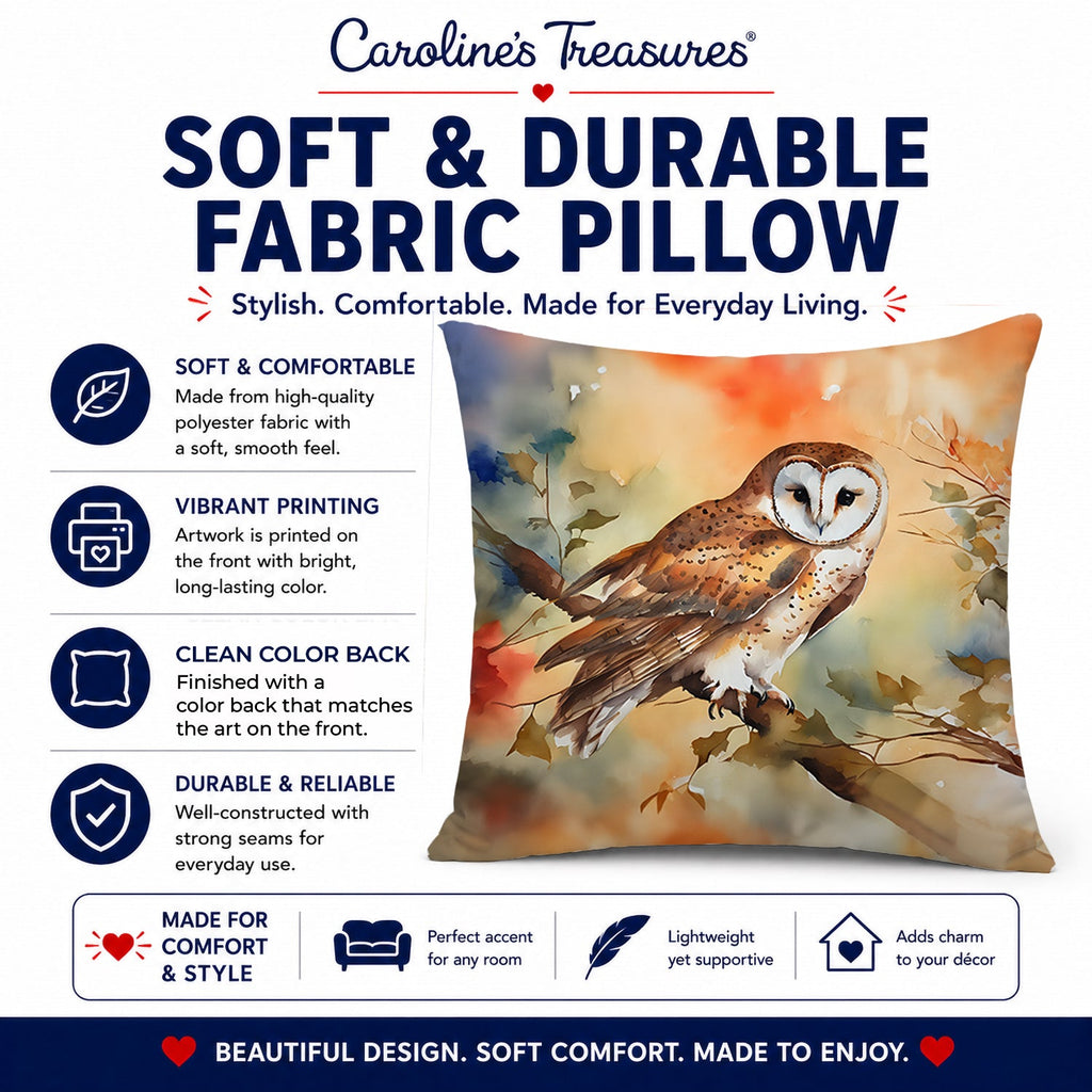 Perched Owl Woodland Wildlife Decorative Throw Pillow 14x14 Indoor Outdoor Accent Cushion, Fabric Cover with Insert for Sofa, Bed, Porch & Living Room