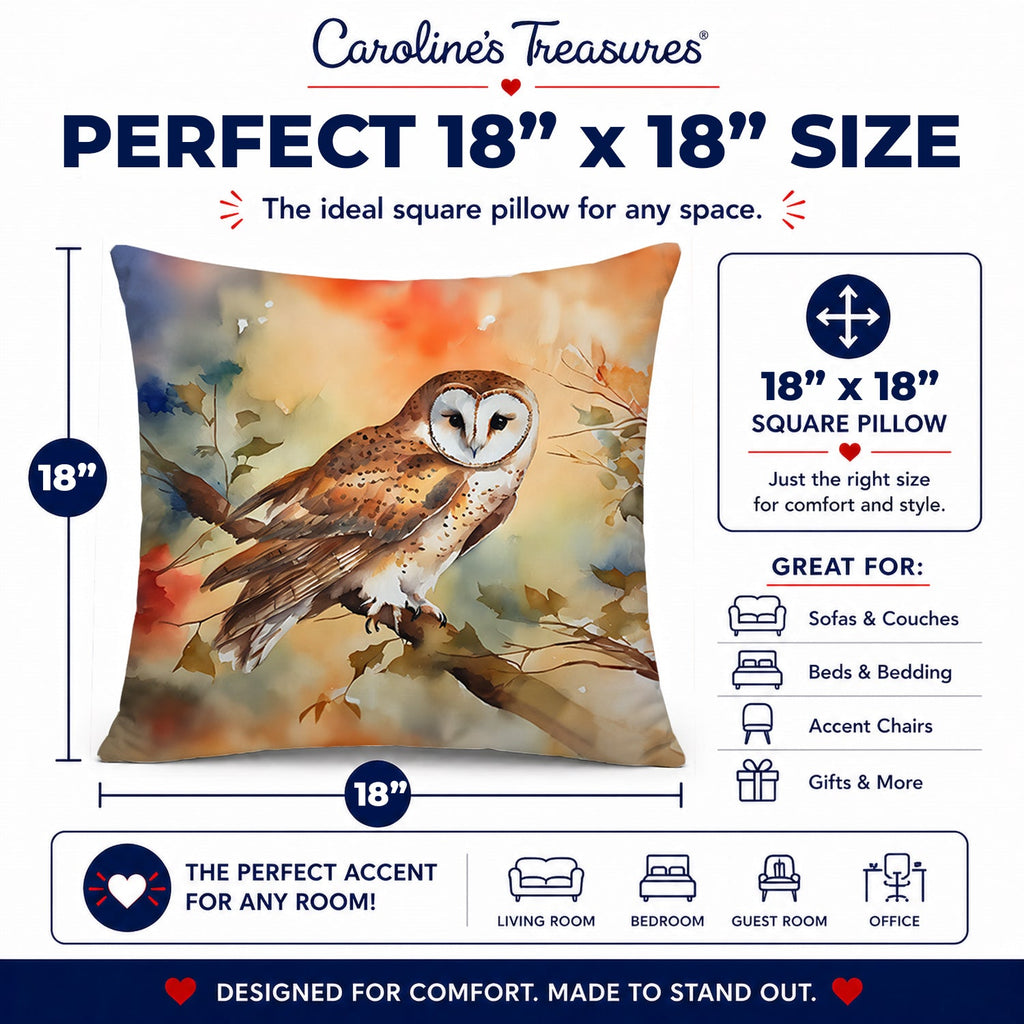 Perched Owl Woodland Wildlife Decorative Throw Pillow 18x18 Indoor Outdoor Accent Cushion, Fabric Cover with Insert for Sofa, Bed, Porch & Living Room