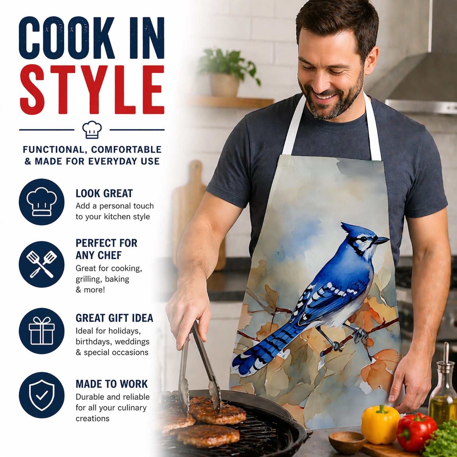 Blue Jay with Blossoms Spring Apron Cooking Kitchen Server Baking Crafts Gardening for Adult Women Men, Unisex, Large, Multicolor