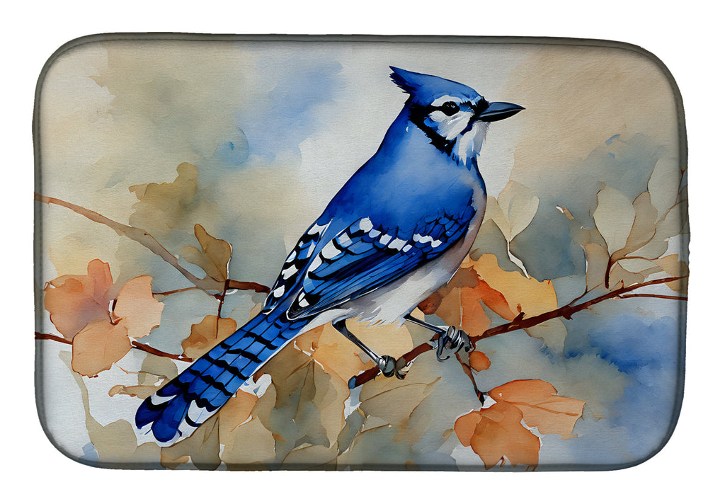Blue Jay with Blossoms Spring Dish Drying Mat Absorbent Dish Drying Mat Pad for Kitchen Counter Dish Drainer Mat for Countertop, 14 x 21", Multicolor