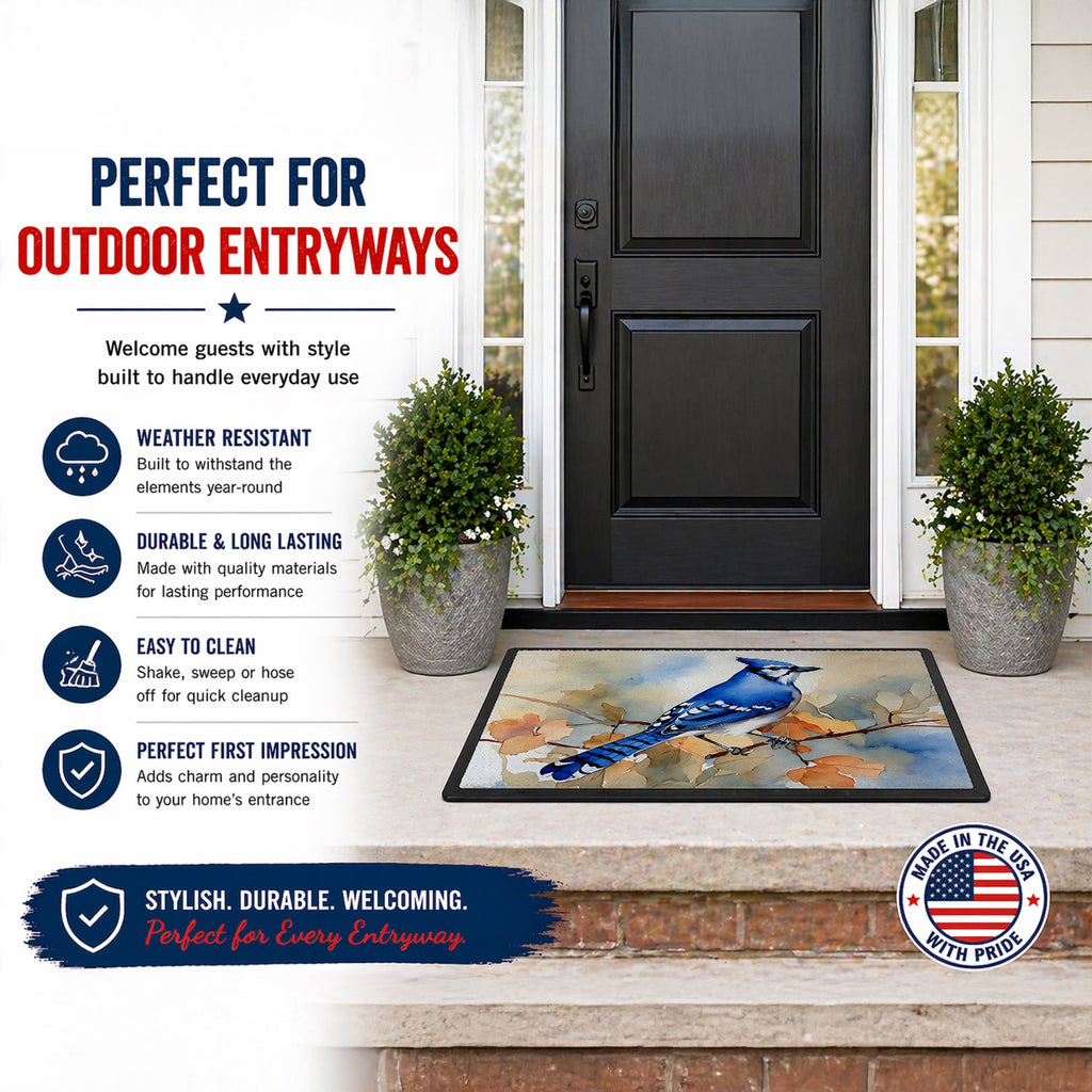 Blue Jay with Blossoms Spring Doormat Indoor Outdoor 24H X 36W Front Door Mat Rugs for Entryway, Non Slip Washable Low Pile,