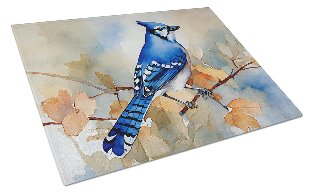 Blue Jay with Blossoms Spring Cutting Board Tempered Glass Kitchen Cutting Surface, Heat Resistant Chopping, Non-Slip Feet, Food Prep & Serving