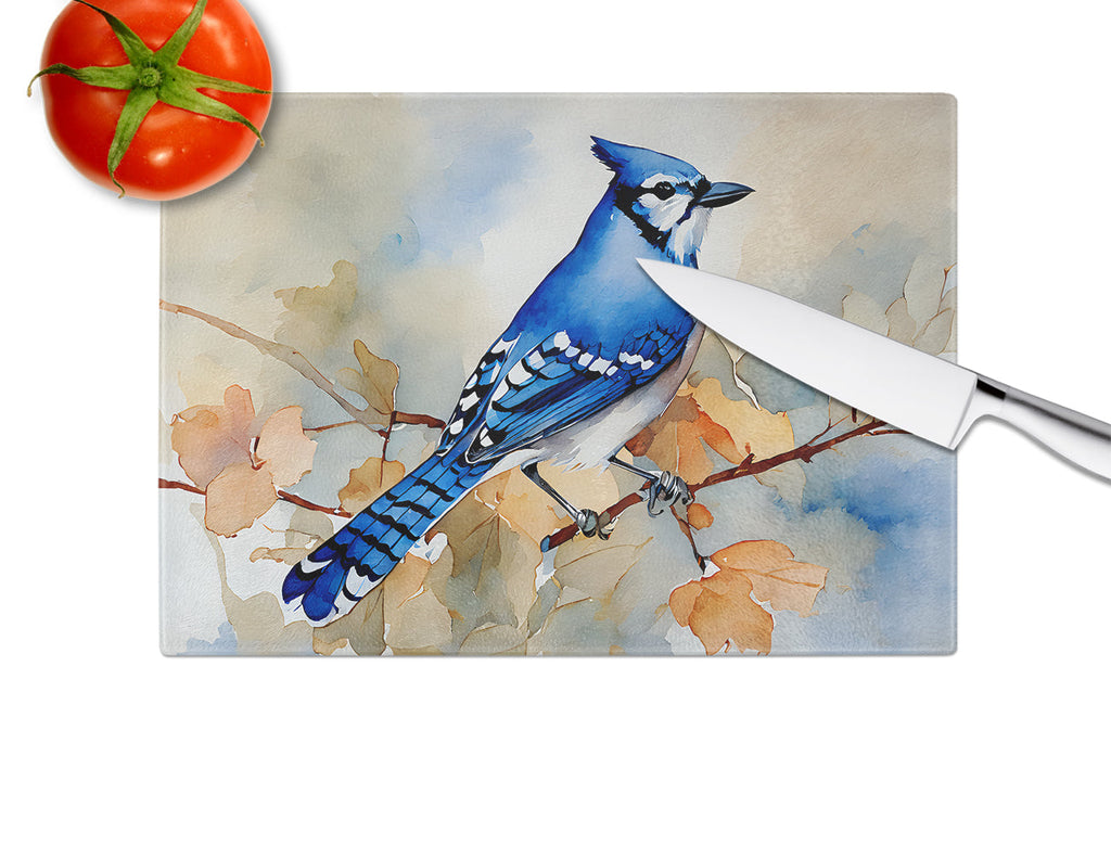 Blue Jay with Blossoms Spring Cutting Board Tempered Glass Kitchen Cutting Surface, Heat Resistant Chopping, Non-Slip Feet, Food Prep & Serving