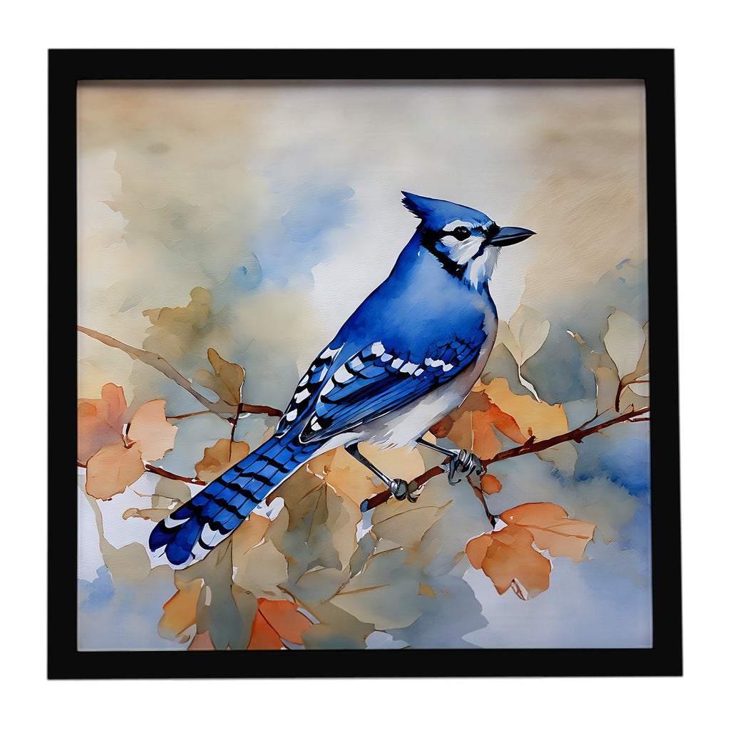 Blue Jay with Blossoms Spring Framed Metal Print Bathroom, Kitchen, Office, Home Decor Wall Art Ready to Hang, Square, 8X8