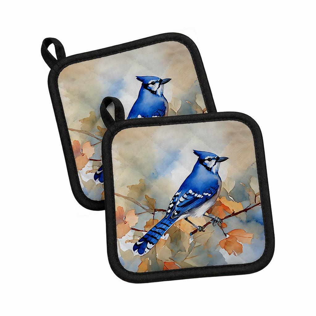 Blue Jay with Blossoms Spring Pot Holder Set of 2 Heat Resistant Quilted Hot Pads 7.5 x 7.5 Inch, Insulated Kitchen Trivets for Cooking & Baking