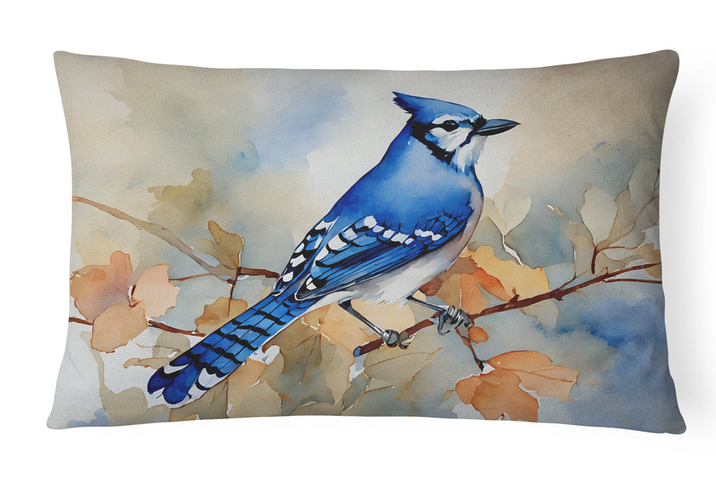 Blue Jay with Blossoms Spring Decorative Throw Pillow 12x16 Indoor Outdoor Accent Cushion, Fabric Cover with Insert for Sofa, Bed, Porch & Living Room