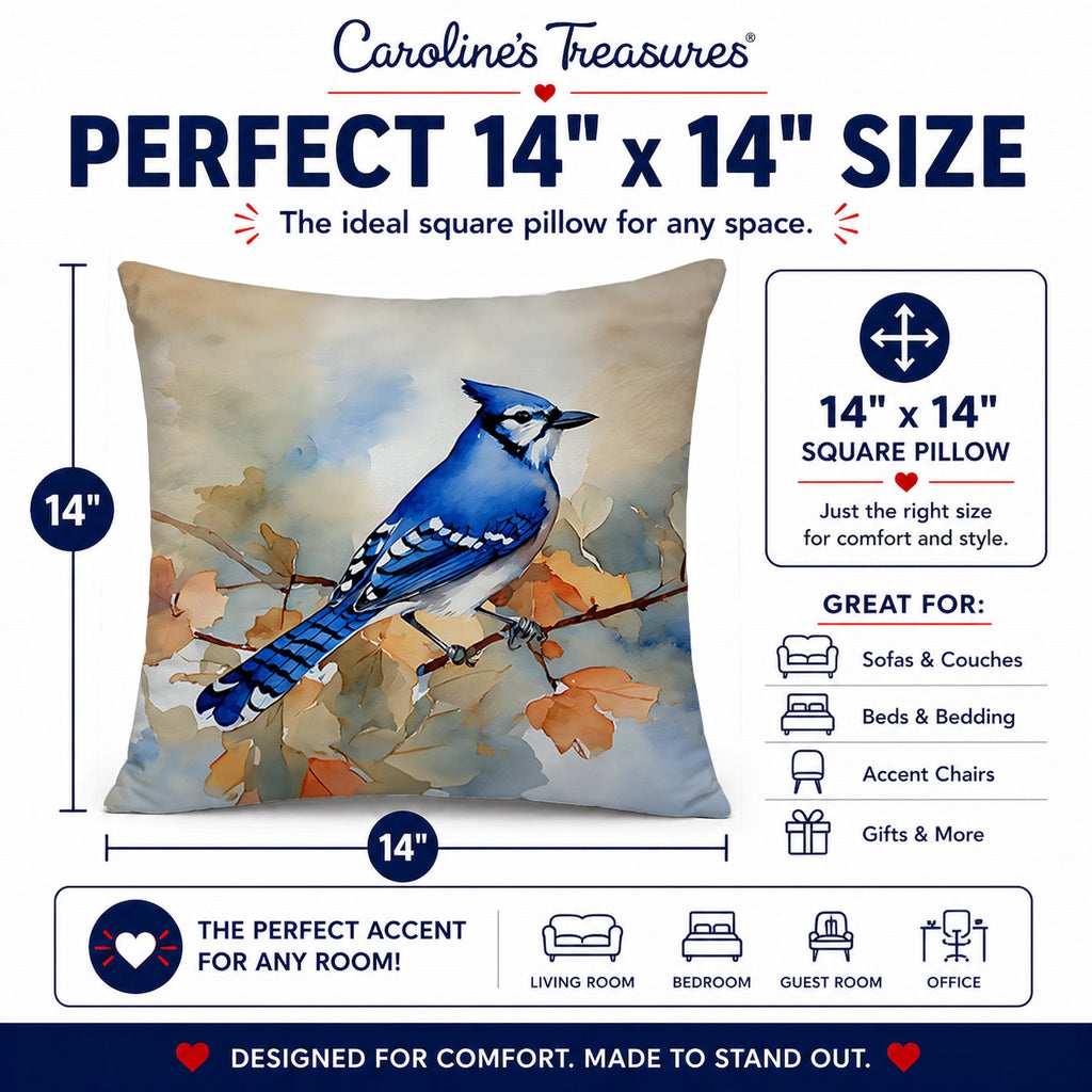 Blue Jay with Blossoms Spring Decorative Throw Pillow 14x14 Indoor Outdoor Accent Cushion, Fabric Cover with Insert for Sofa, Bed, Porch & Living Room