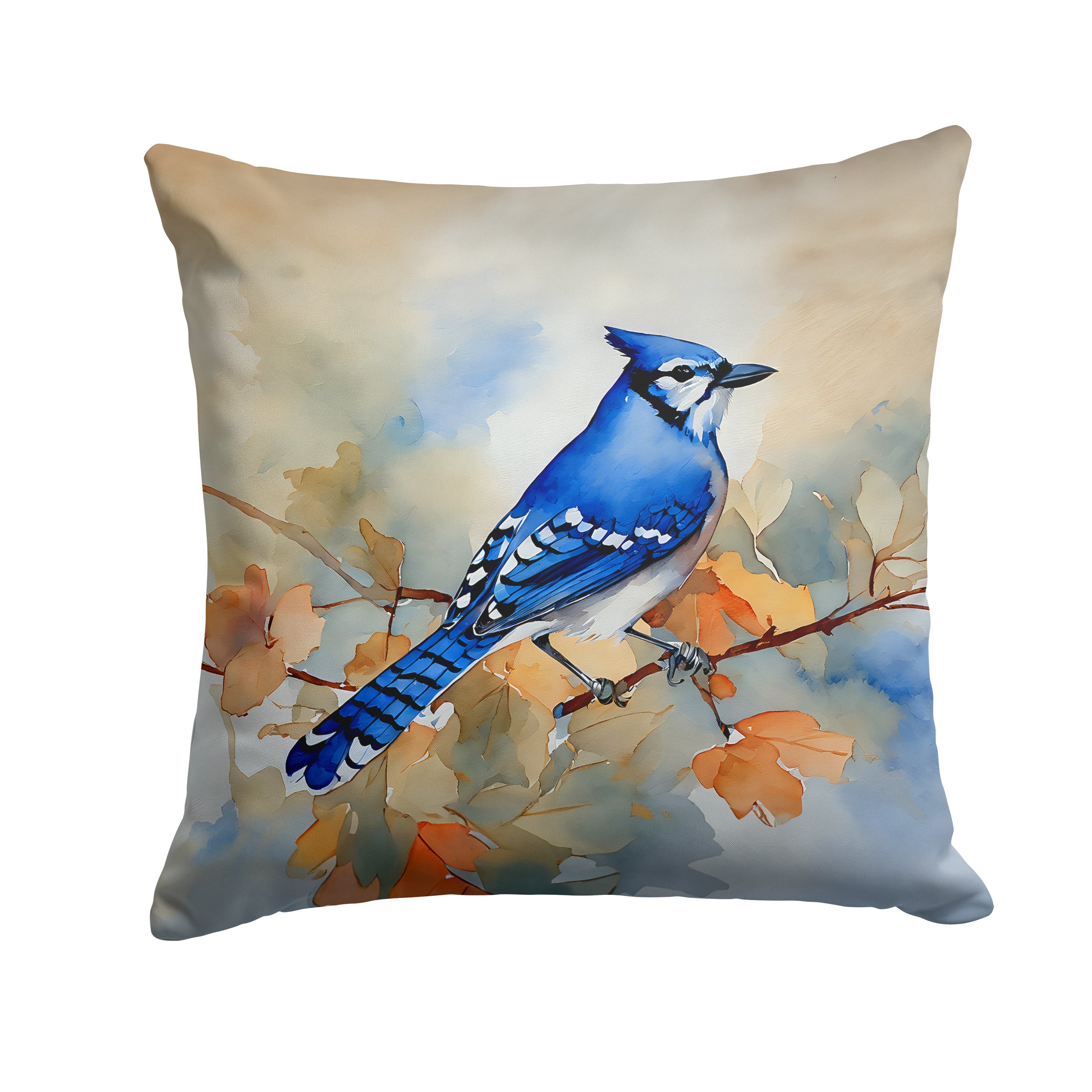 Blue Jay with Blossoms Spring Decorative Throw Pillow 18x18 Indoor Outdoor Accent Cushion, Fabric Cover with Insert for Sofa, Bed, Porch & Living Room