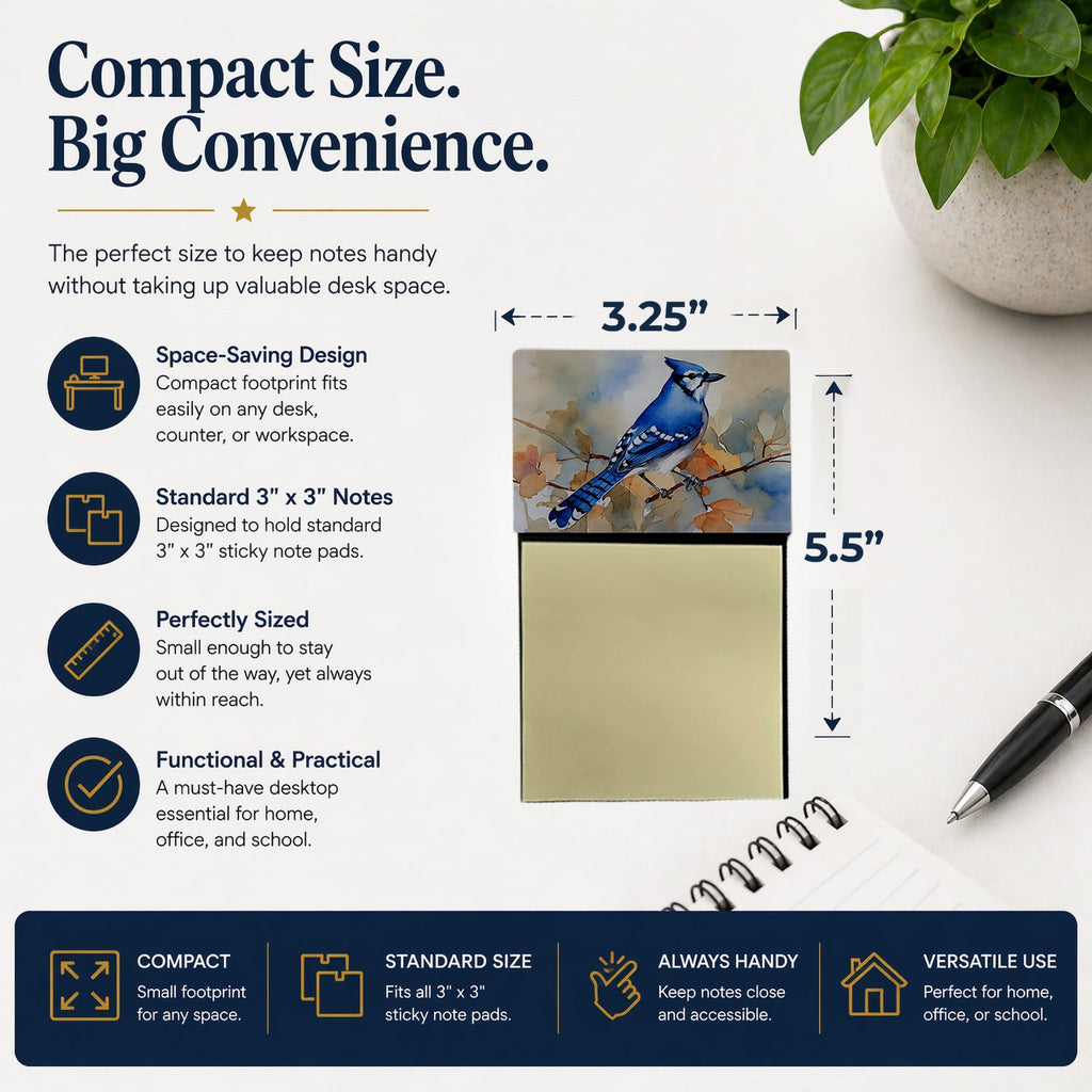 Blue Jay with Blossoms Spring Watercolor Sticky Note Holder Refillable Dispenser Desk Accessory 3x3 Pad Gift