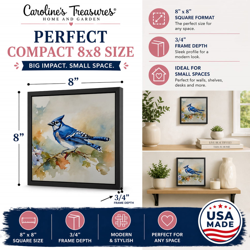Blue Jay Wildlife Portrait Framed Metal Print Bathroom, Kitchen, Office, Home Decor Wall Art Ready to Hang, Square, 8X8