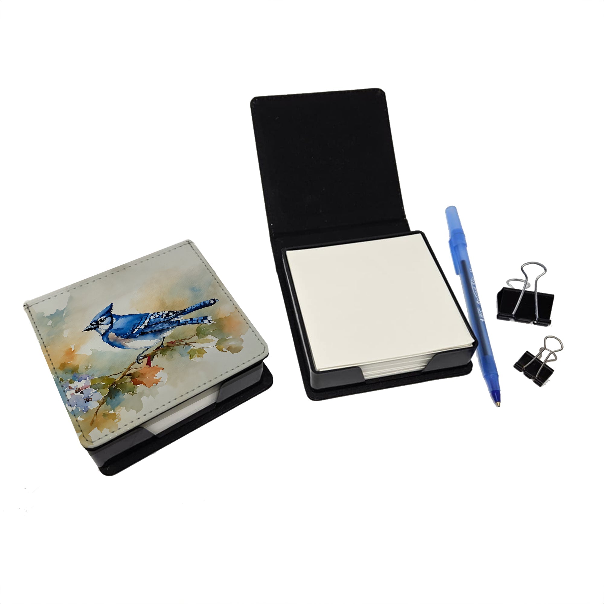Blue Jay Wildlife Portrait PU Leather Note Paper Holder with Artist-Designed Cover, Desk Accessory, Office Gift