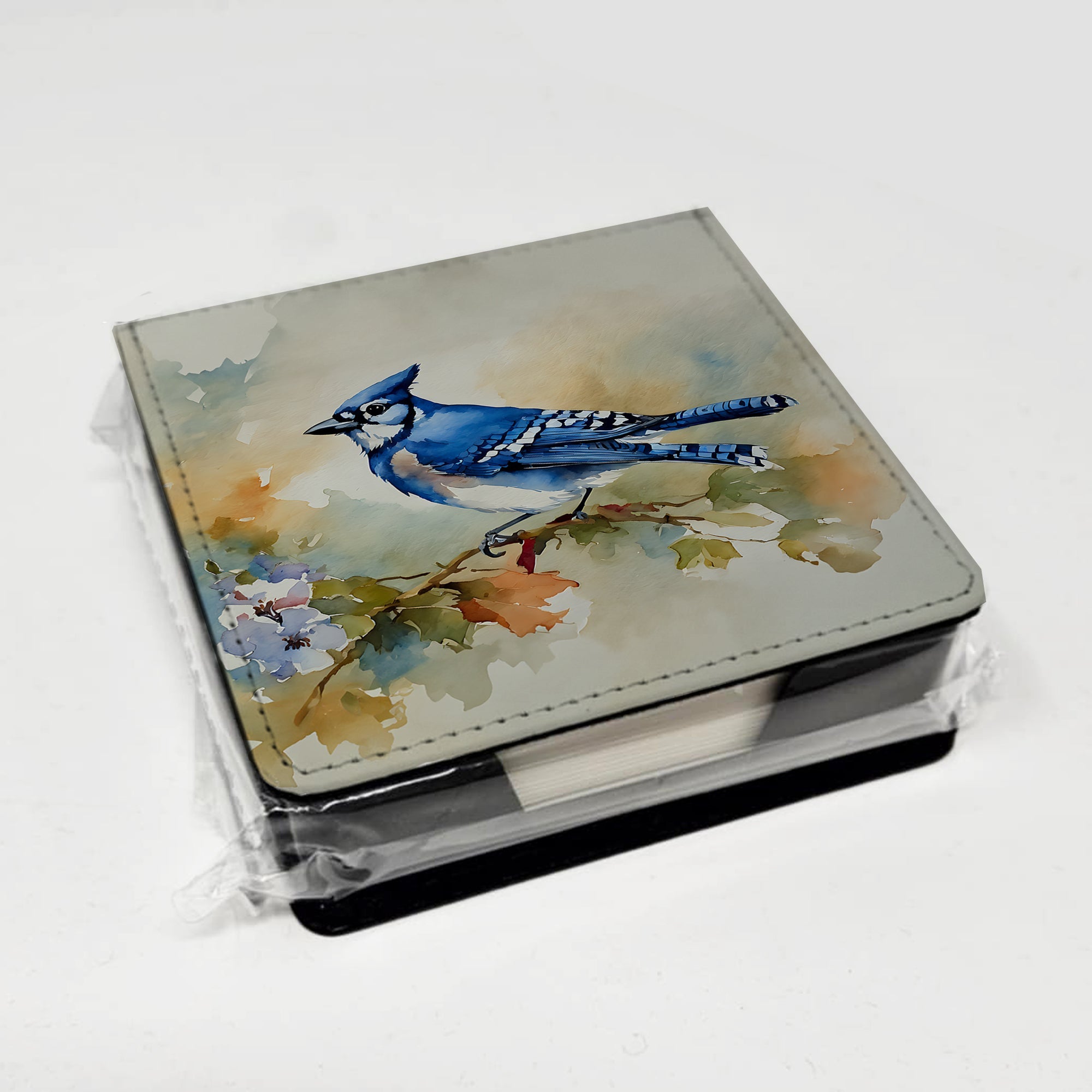 Blue Jay Wildlife Portrait PU Leather Note Paper Holder with Artist-Designed Cover, Desk Accessory, Office Gift