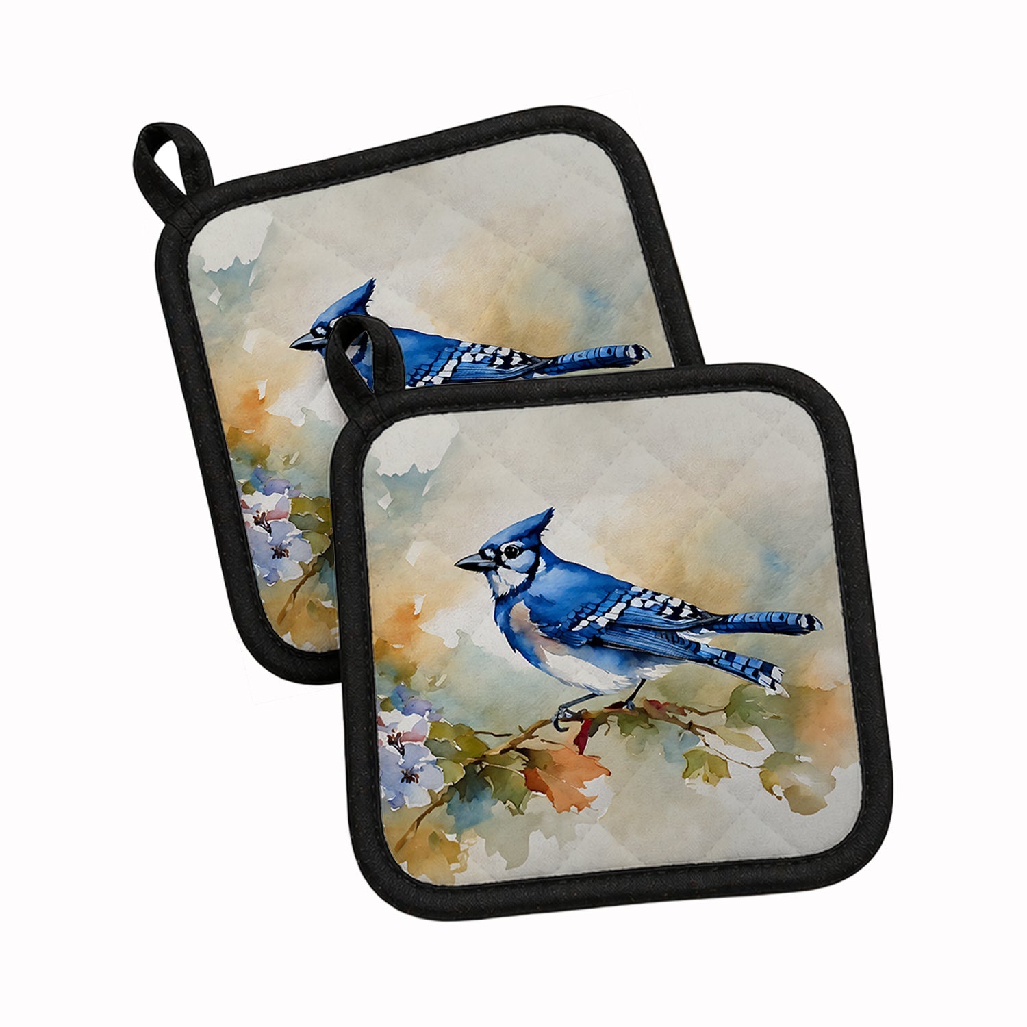 Blue Jay Wildlife Portrait Pot Holder Set of 2 Heat Resistant Quilted Hot Pads 7.5 x 7.5 Inch, Insulated Kitchen Trivets for Cooking & Baking