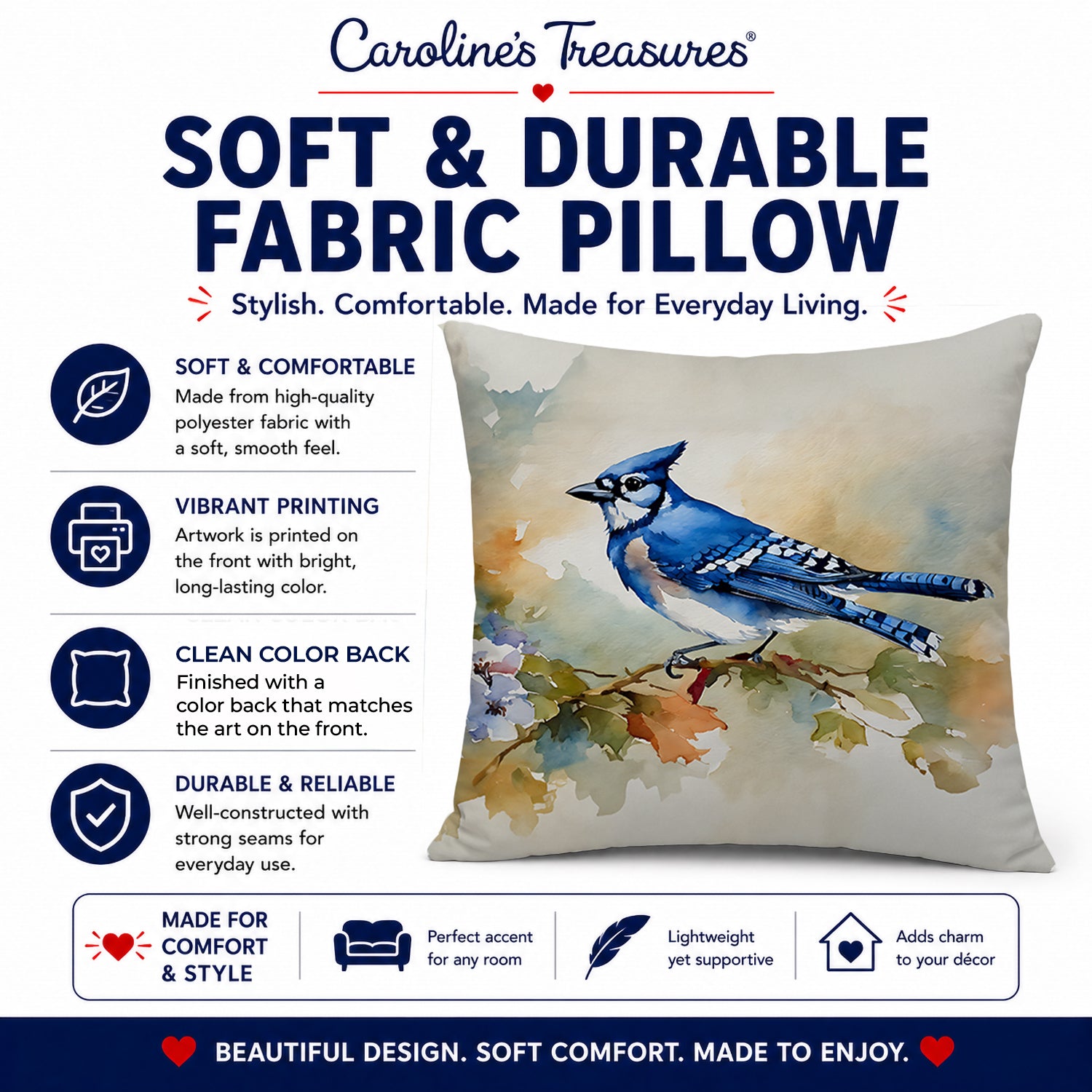 Blue Jay Wildlife Portrait Decorative Throw Pillow 18x18 Indoor Outdoor Accent Cushion, Fabric Cover with Insert for Sofa, Bed, Porch & Living Room