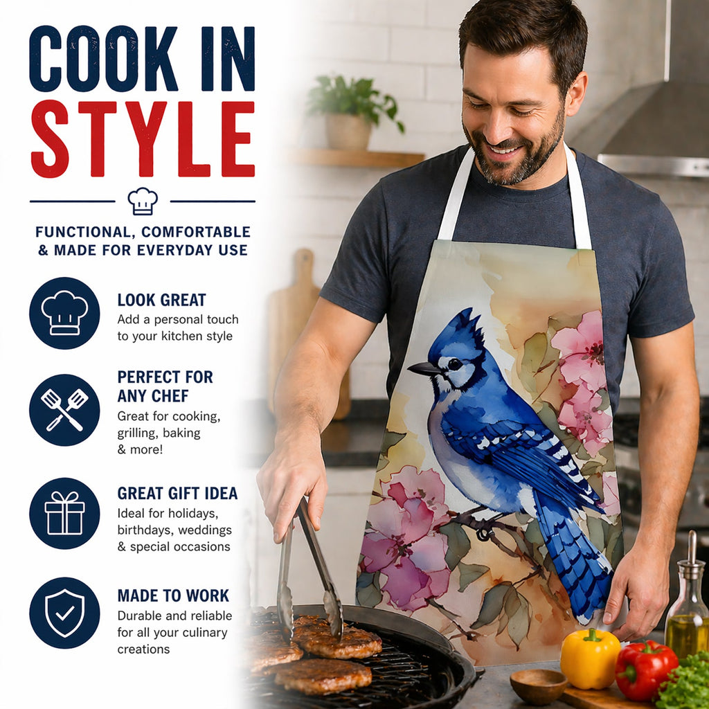 Blue Jay in Floral Apron Cooking Kitchen Server Baking Crafts Gardening for Adult Women Men, Unisex, Large, Multicolor
