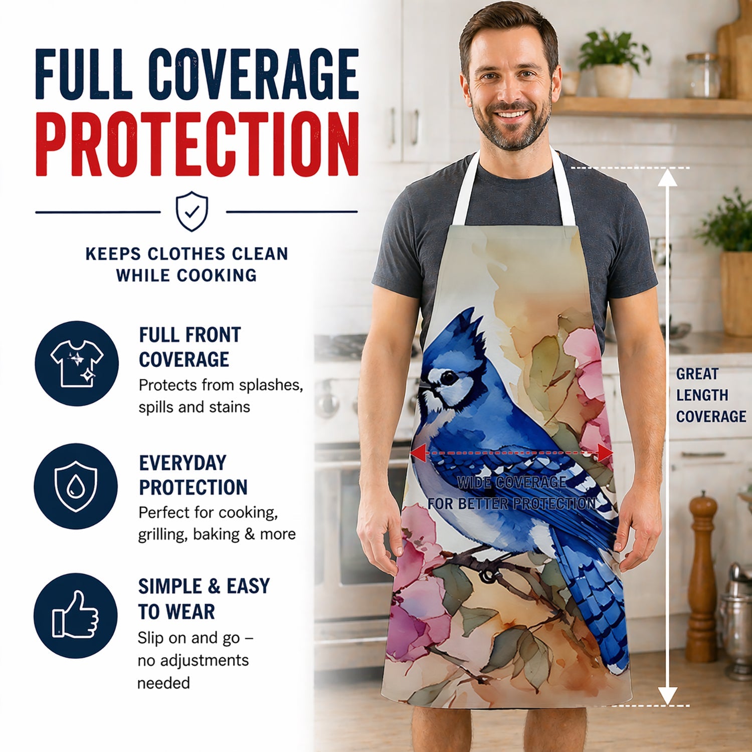 Blue Jay in Floral Apron Cooking Kitchen Server Baking Crafts Gardening for Adult Women Men, Unisex, Large, Multicolor