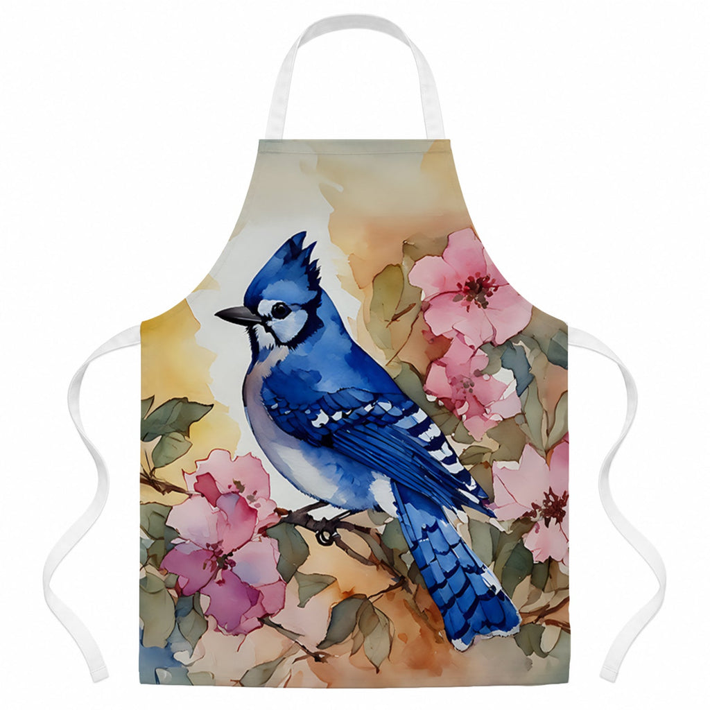Blue Jay in Floral Apron Cooking Kitchen Server Baking Crafts Gardening for Adult Women Men, Unisex, Large, Multicolor