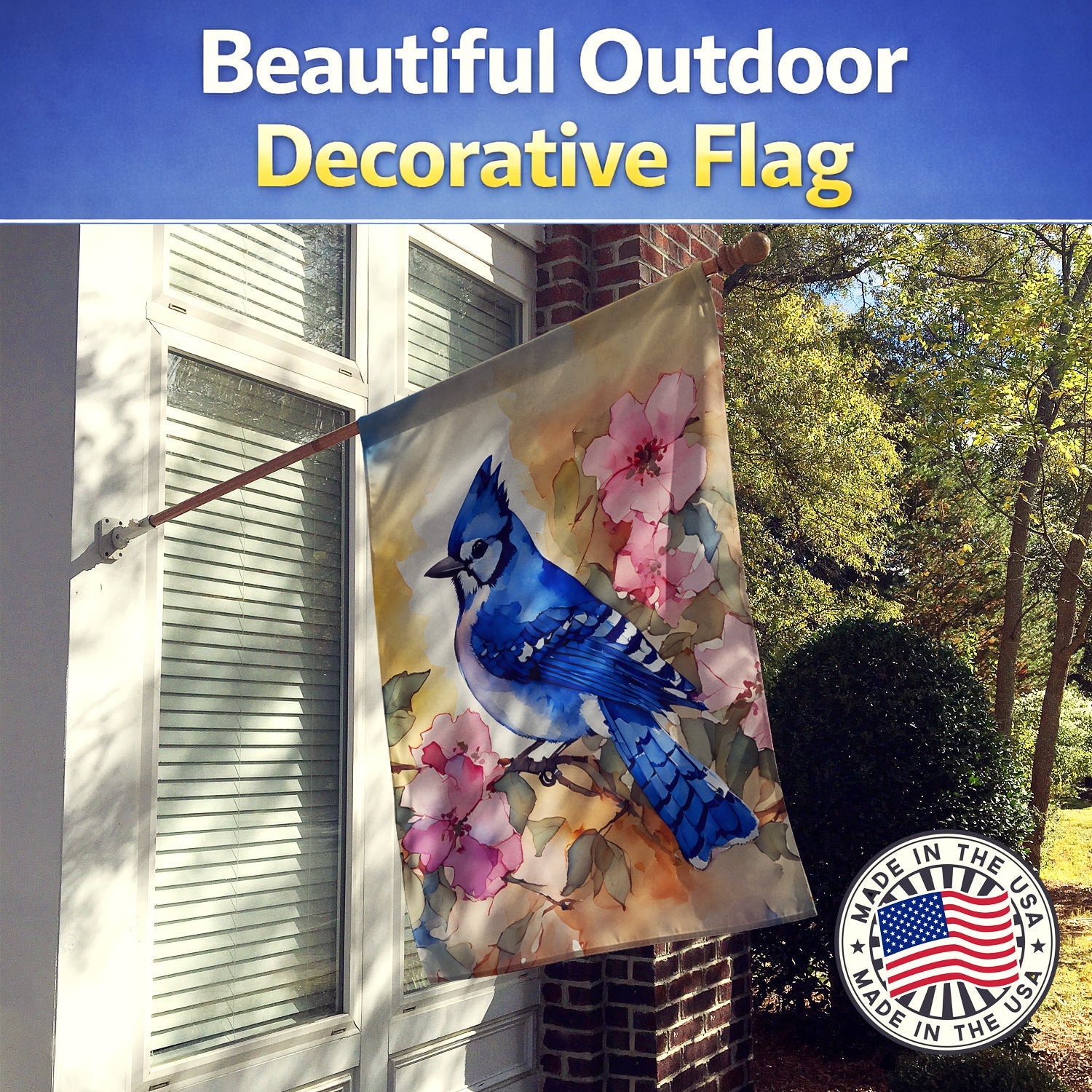 Blue Jay in Floral House Flag 28x40 Porch Sleeve Pole Decorative Outside Yard Banner Artwork Wall Hanging, Polyester