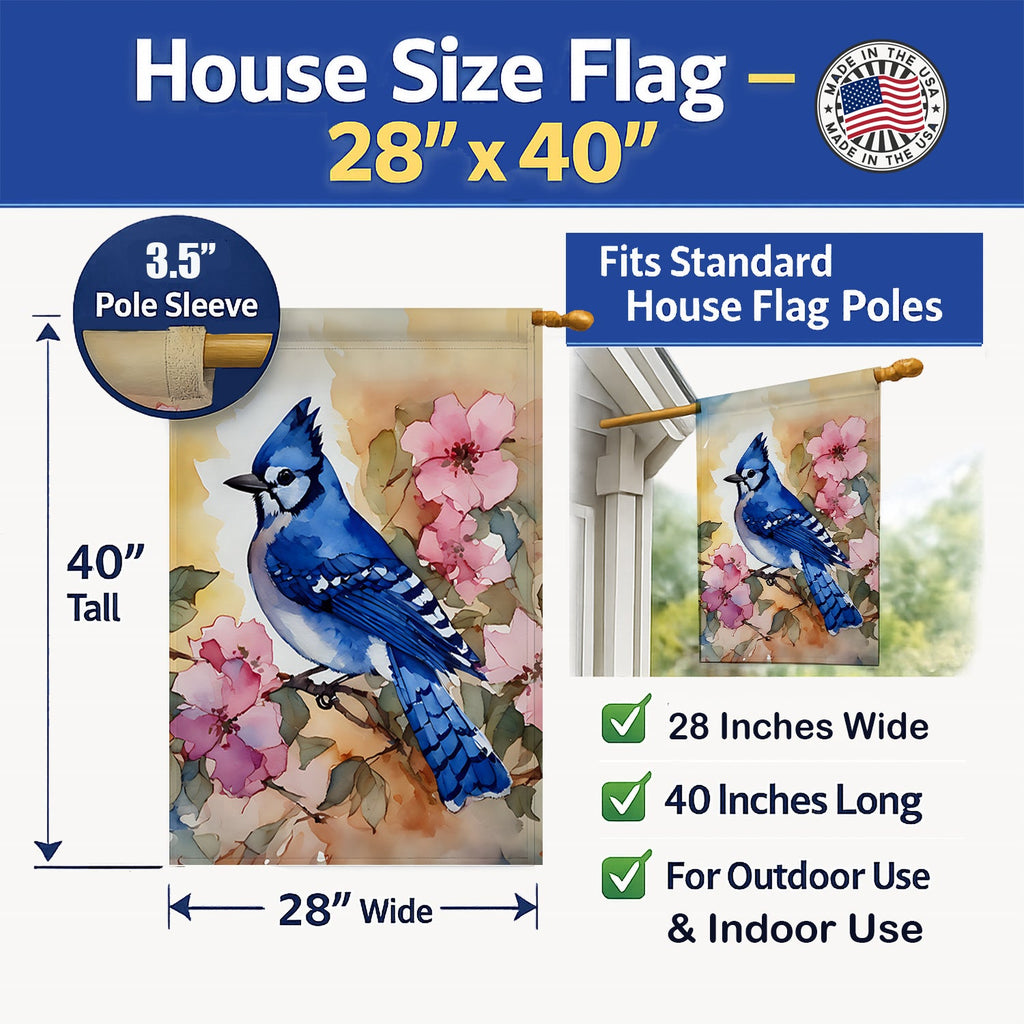 Blue Jay in Floral House Flag 28x40 Porch Sleeve Pole Decorative Outside Yard Banner Artwork Wall Hanging, Polyester