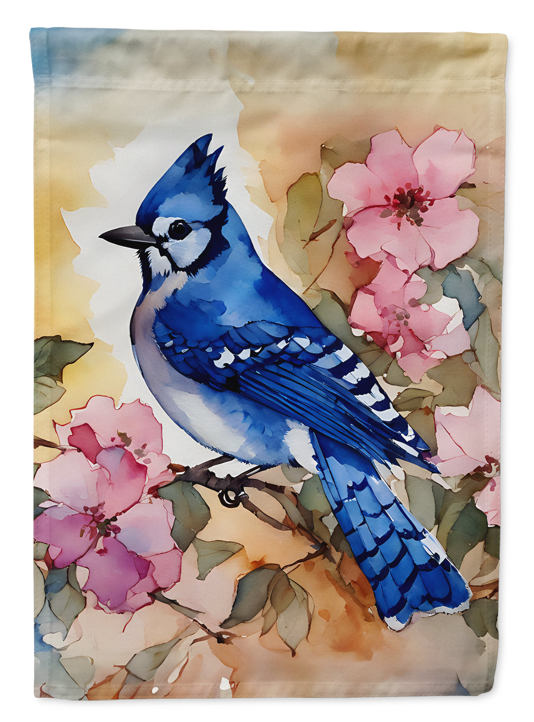 Blue Jay in Floral House Flag 28x40 Porch Sleeve Pole Decorative Outside Yard Banner Artwork Wall Hanging, Polyester