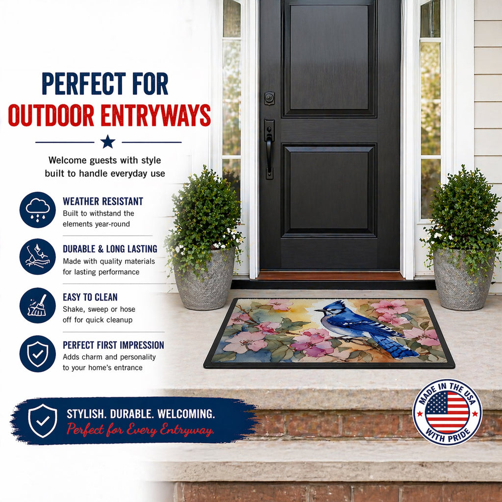 Blue Jay in Floral Doormat Indoor Outdoor 24H X 36W Front Door Mat Rugs for Entryway, Non Slip Washable Low Pile,