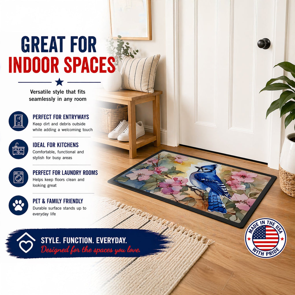 Blue Jay in Floral Doormat Indoor Outdoor 24H X 36W Front Door Mat Rugs for Entryway, Non Slip Washable Low Pile,