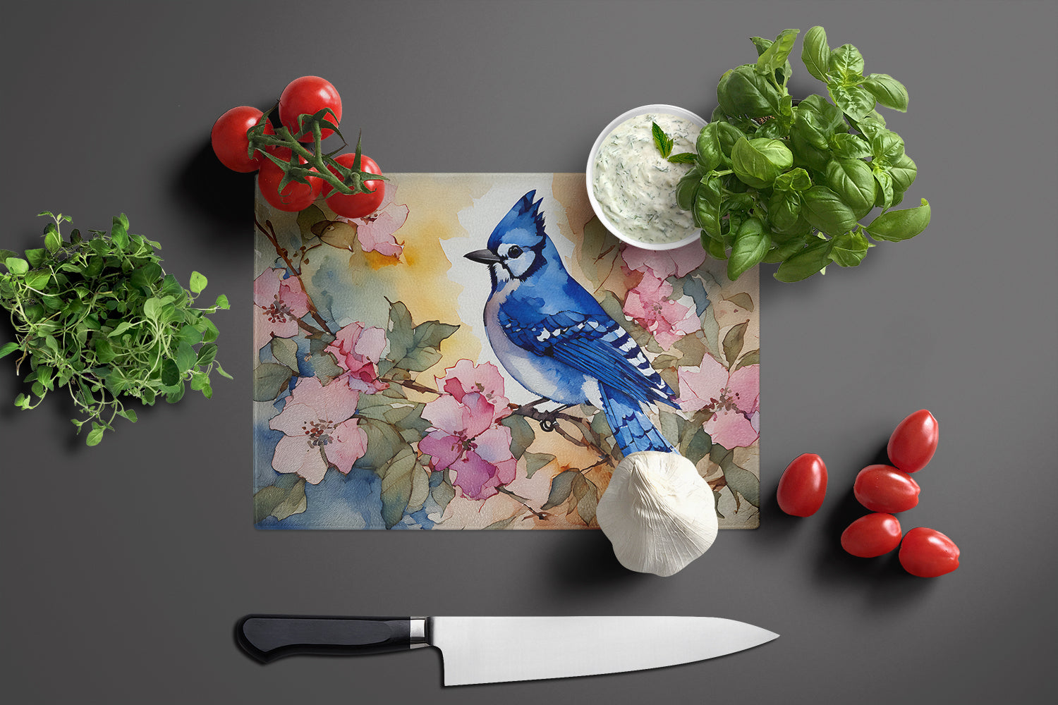 Blue Jay in Floral Cutting Board Tempered Glass Kitchen Cutting Surface, Heat Resistant Chopping, Non-Slip Feet, Food Prep & Serving