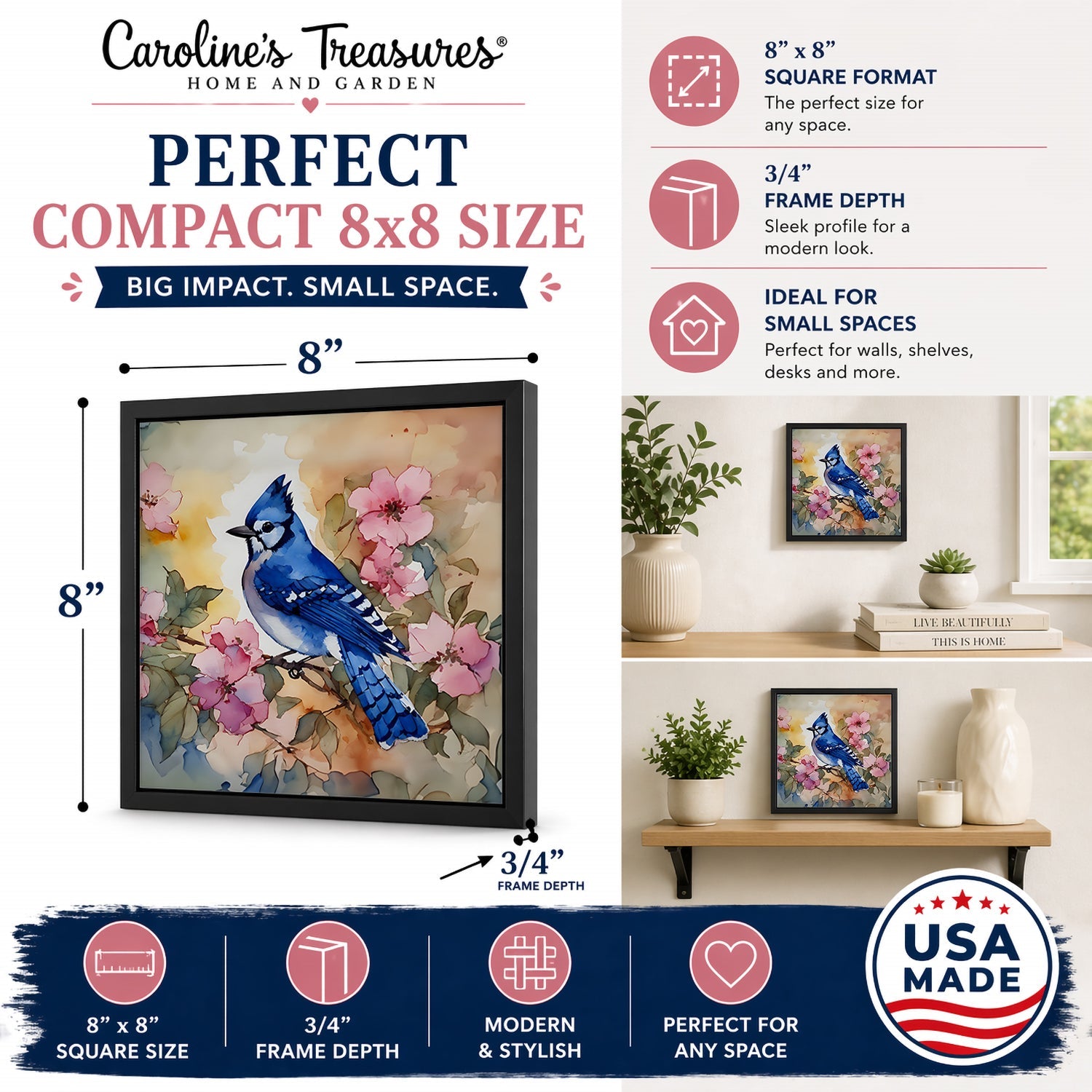 Blue Jay in Floral Framed Metal Print Bathroom, Kitchen, Office, Home Decor Wall Art Ready to Hang, Square, 8X8