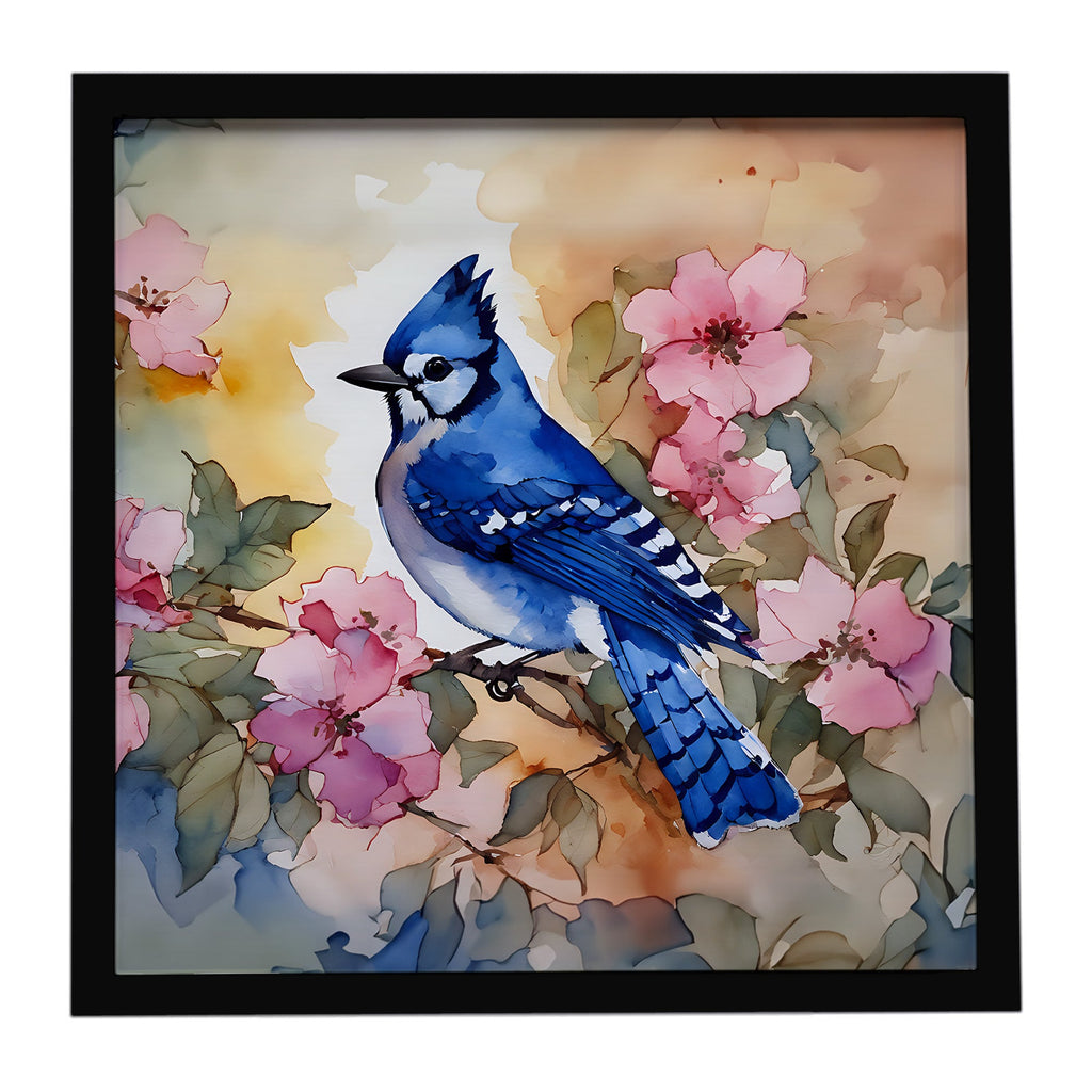 Blue Jay in Floral Framed Metal Print Bathroom, Kitchen, Office, Home Decor Wall Art Ready to Hang, Square, 8X8