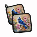 Blue Jay in Floral Pot Holder Set of 2 Heat Resistant Quilted Hot Pads 7.5 x 7.5 Inch, Insulated Kitchen Trivets for Cooking & Baking
