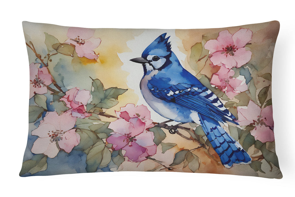 Blue Jay in Floral Decorative Throw Pillow 12x16 Indoor Outdoor Accent Cushion, Fabric Cover with Insert for Sofa, Bed, Porch & Living Room