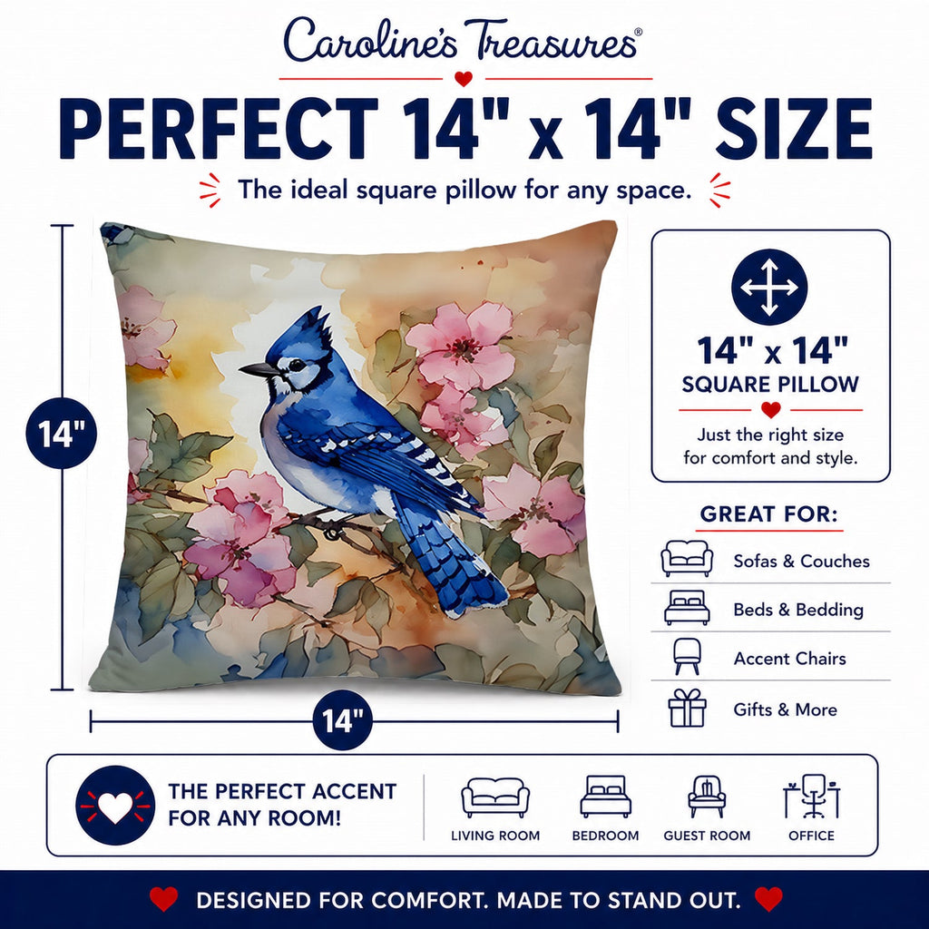 Blue Jay in Floral Decorative Throw Pillow 14x14 Indoor Outdoor Accent Cushion, Fabric Cover with Insert for Sofa, Bed, Porch & Living Room