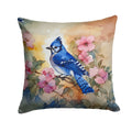 Blue Jay in Floral Decorative Throw Pillow 14x14 Indoor Outdoor Accent Cushion, Fabric Cover with Insert for Sofa, Bed, Porch & Living Room