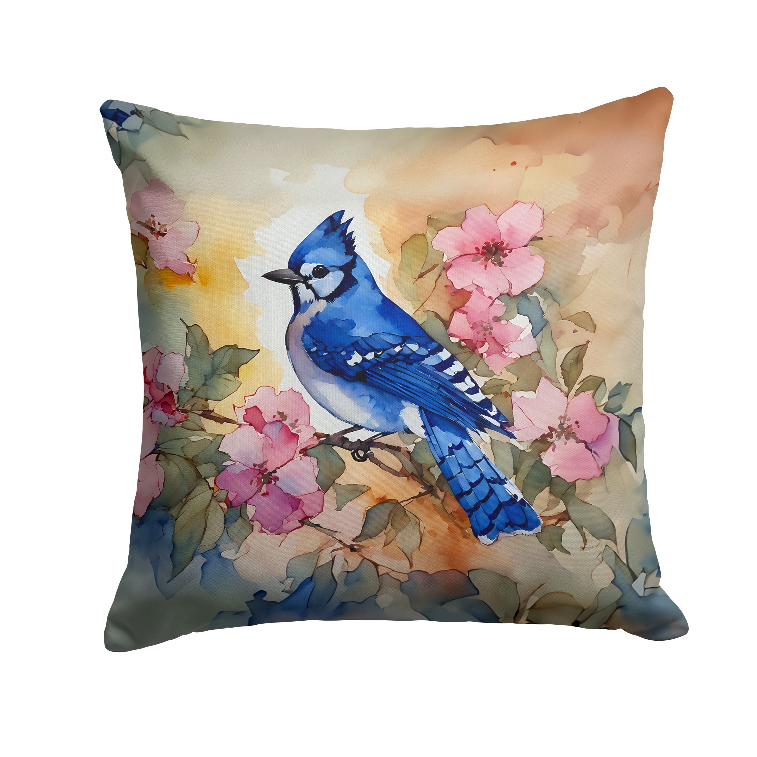 Blue Jay in Floral Decorative Throw Pillow 14x14 Indoor Outdoor Accent Cushion, Fabric Cover with Insert for Sofa, Bed, Porch & Living Room