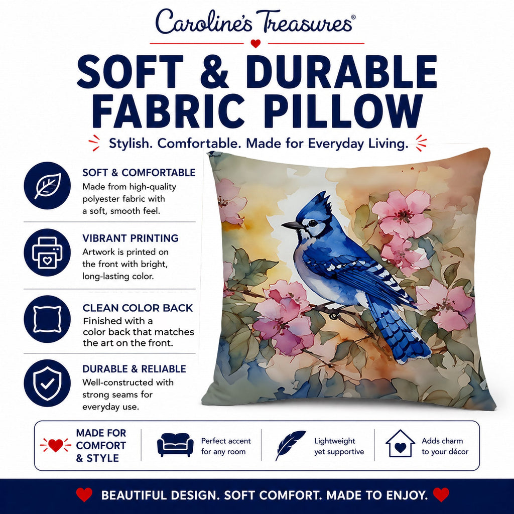 Blue Jay in Floral Decorative Throw Pillow 18x18 Indoor Outdoor Accent Cushion, Fabric Cover with Insert for Sofa, Bed, Porch & Living Room