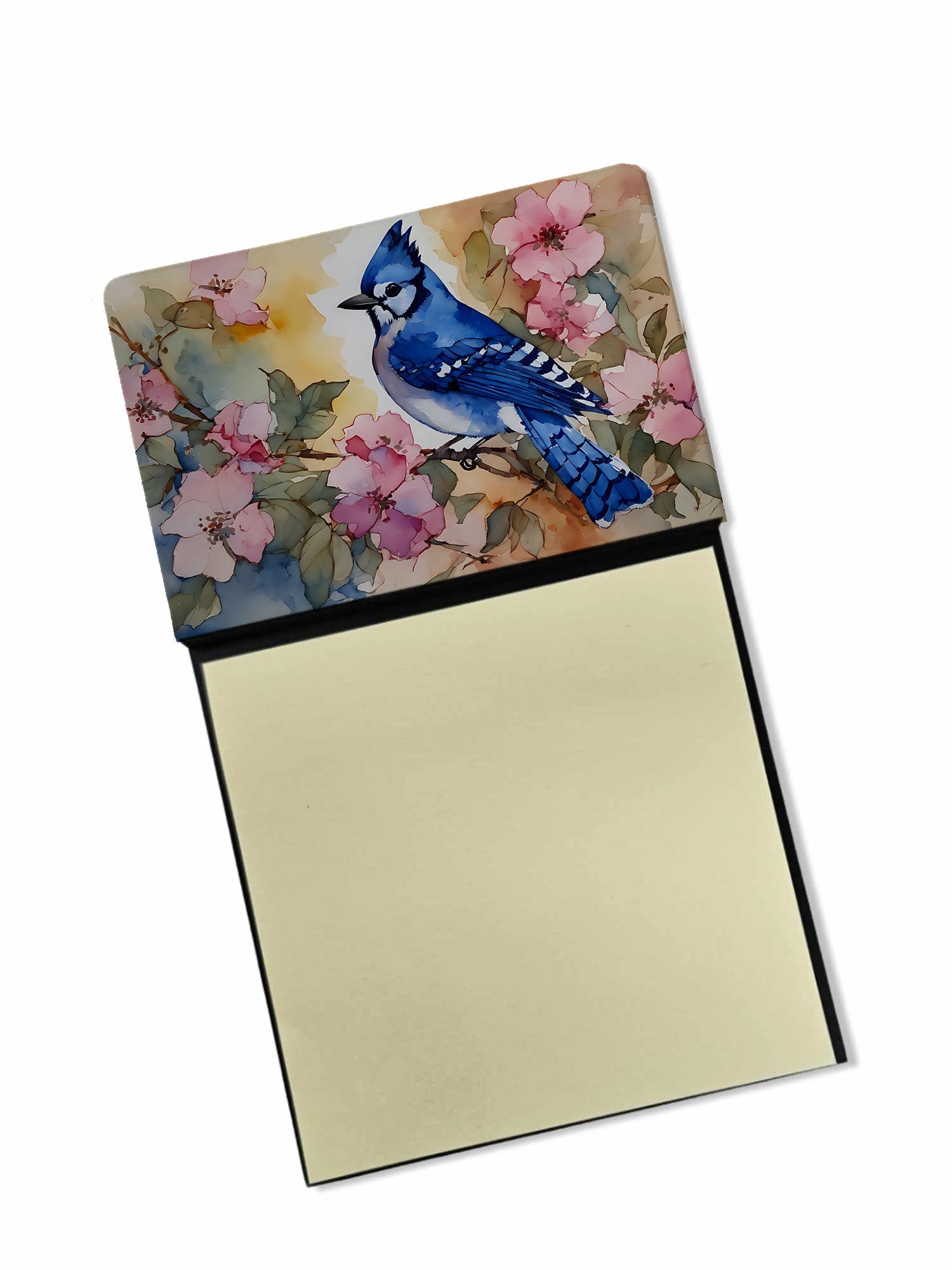 Blue Jay in Floral Watercolor Sticky Note Holder Refillable Dispenser Desk Accessory 3x3 Pad Gift