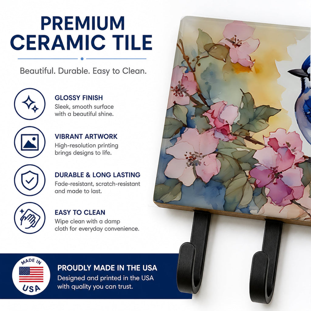 Blue Jay in Floral Leash or Key Holder Wall Hooks, Coat Rack Wall Mount, for Hanging Keys, Towels, Aprons, Leashes