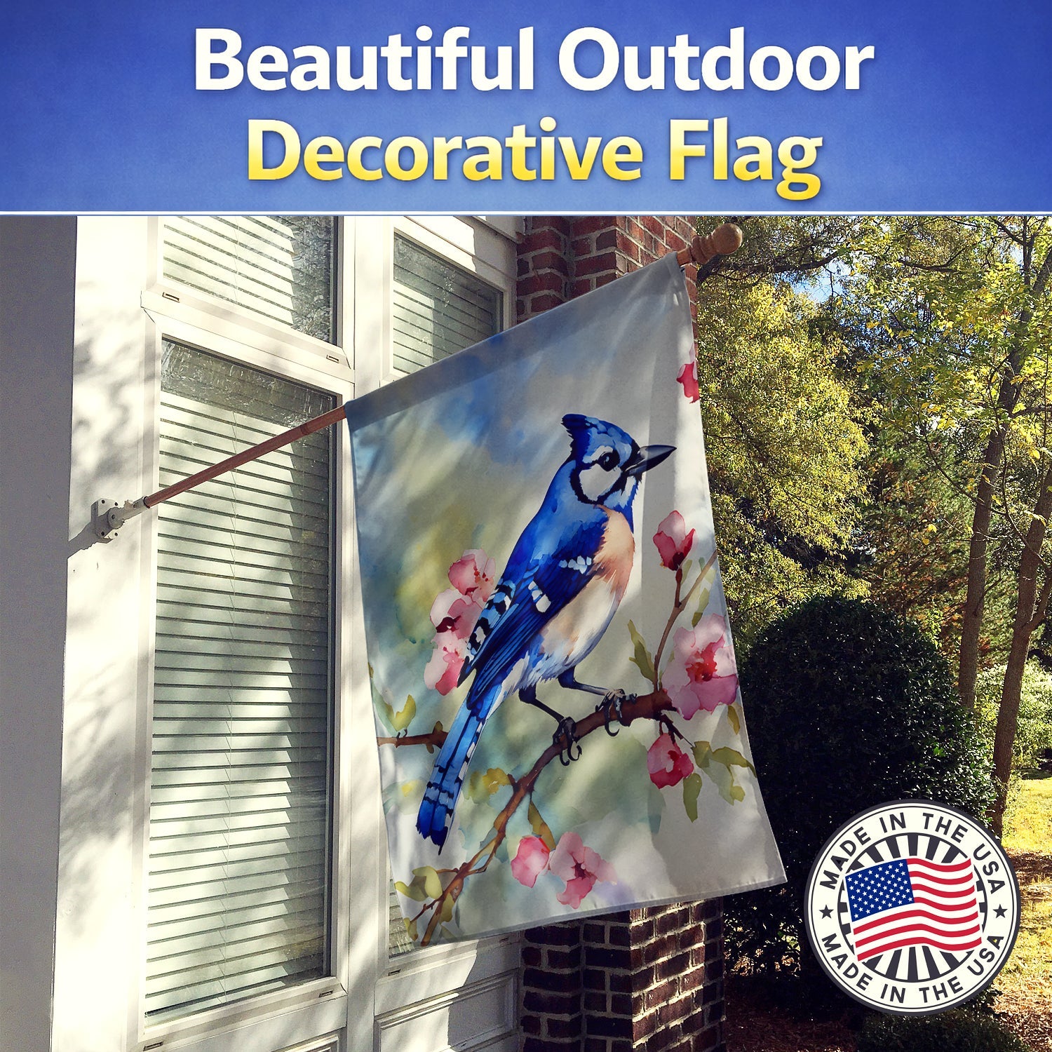 Blue Jay on Blossom Branch House Flag 28x40 Porch Sleeve Pole Decorative Outside Yard Banner Artwork Wall Hanging, Polyester