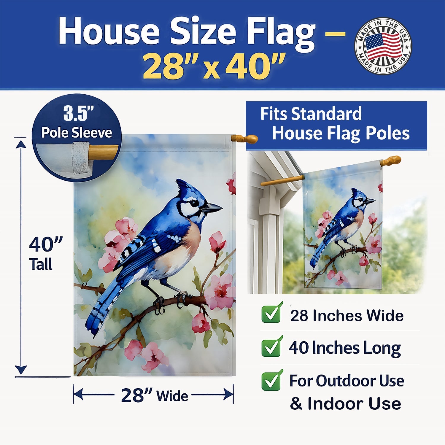Blue Jay on Blossom Branch House Flag 28x40 Porch Sleeve Pole Decorative Outside Yard Banner Artwork Wall Hanging, Polyester