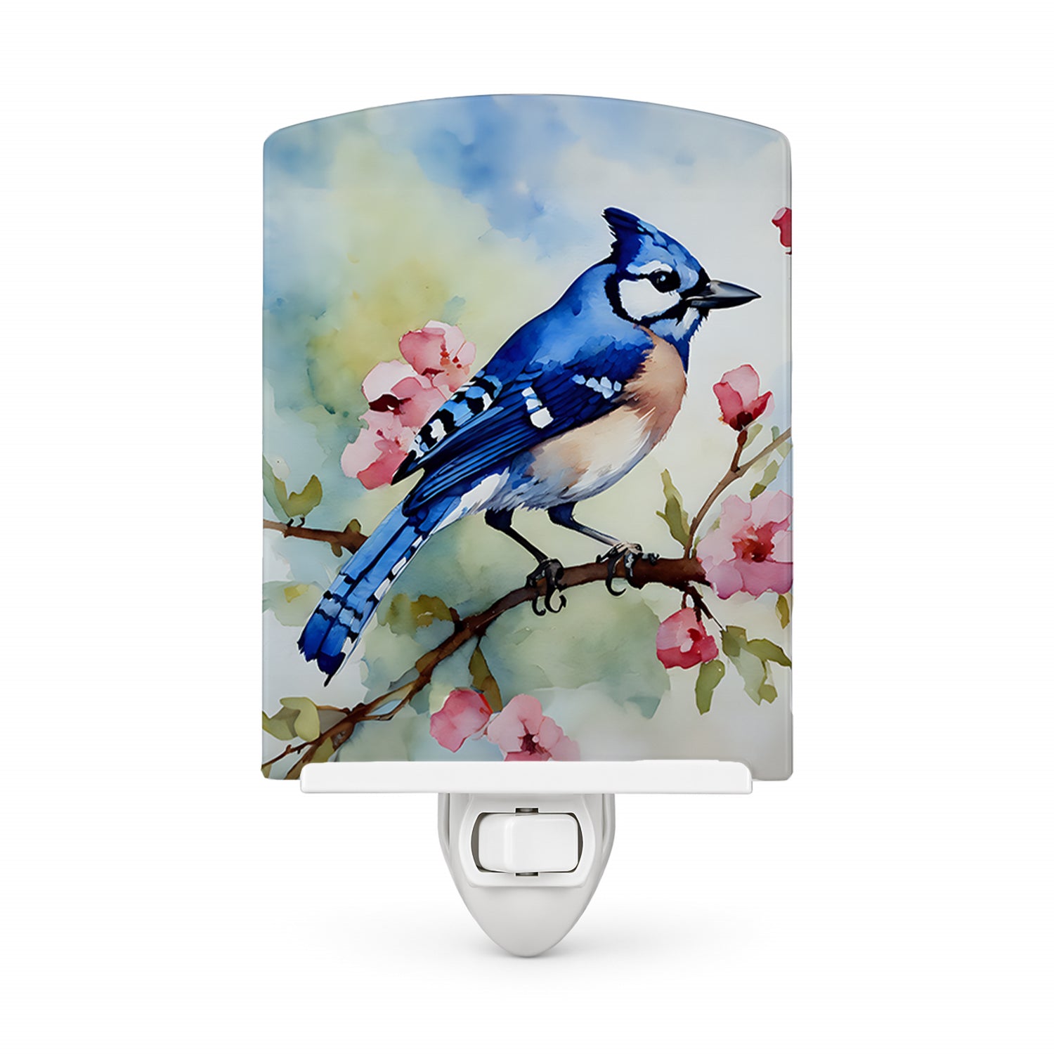 Blue Jay on Blossom Branch Ceramic Night Light Compact, UL-Certified, Ideal for Bedroom, Bathroom, Nursery, Hallway, Kitchen, 6x4x3, Multicolor