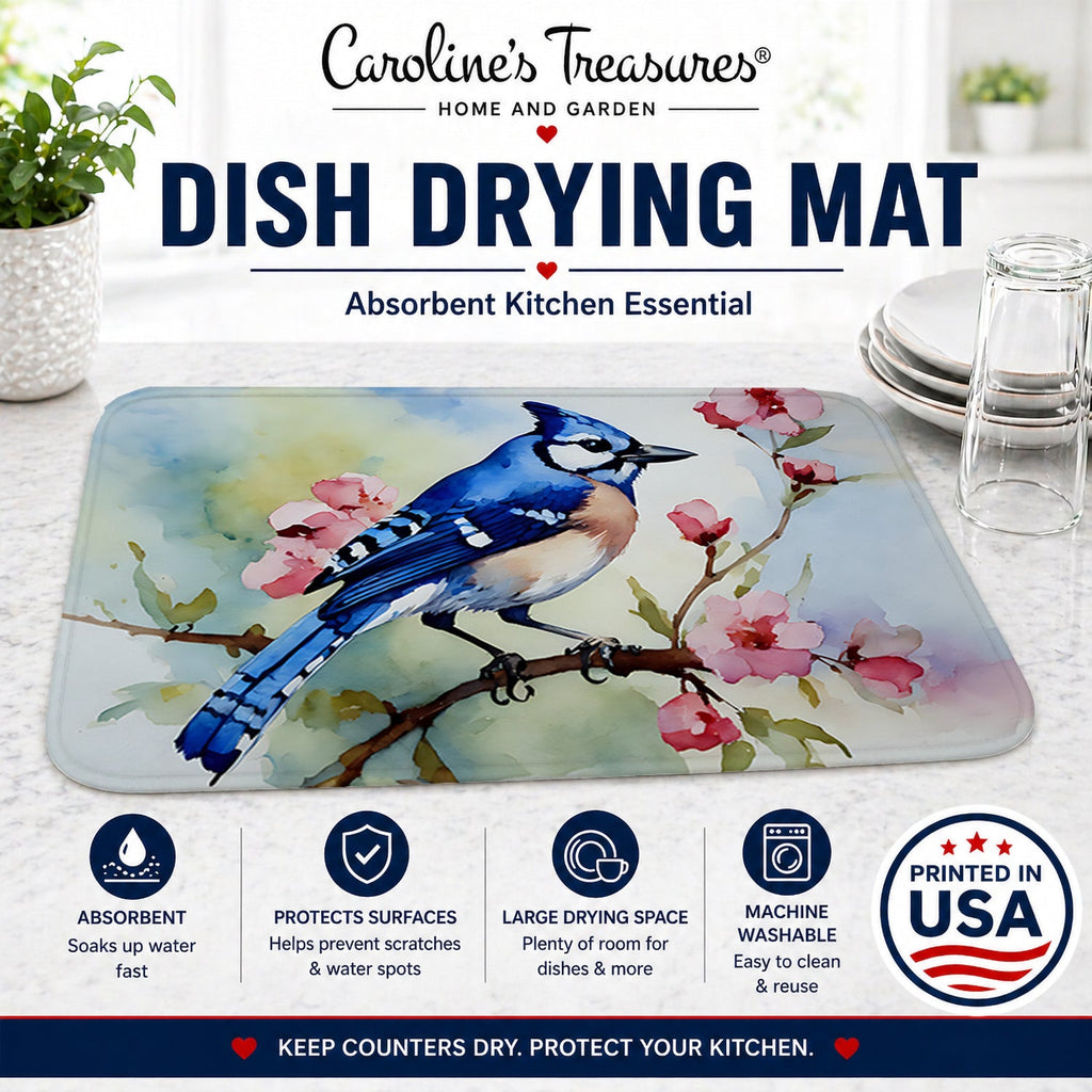 Blue Jay on Blossom Branch Dish Drying Mat Absorbent Dish Drying Mat Pad for Kitchen Counter Dish Drainer Mat for Countertop, 14 x 21", Multicolor
