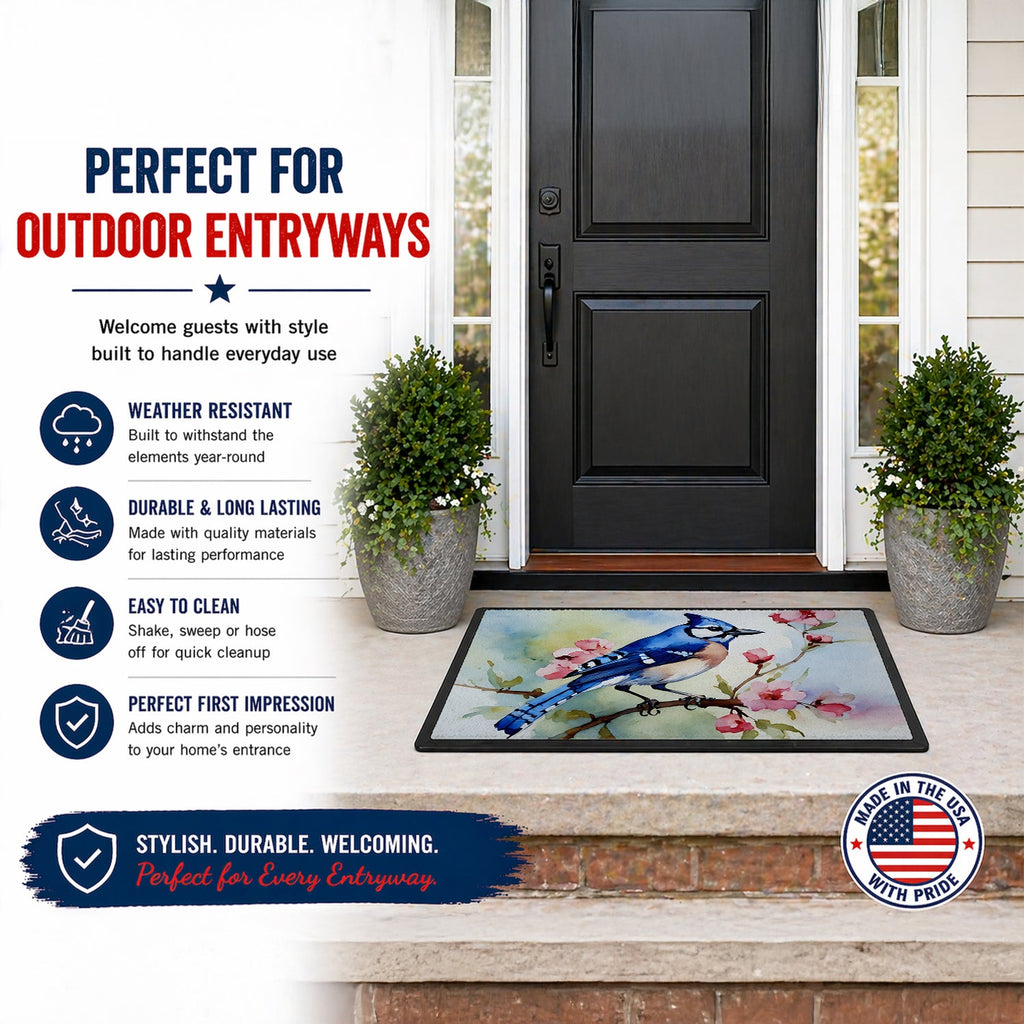 Blue Jay on Blossom Branch Doormat Indoor Outdoor 24H X 36W Front Door Mat Rugs for Entryway, Non Slip Washable Low Pile,