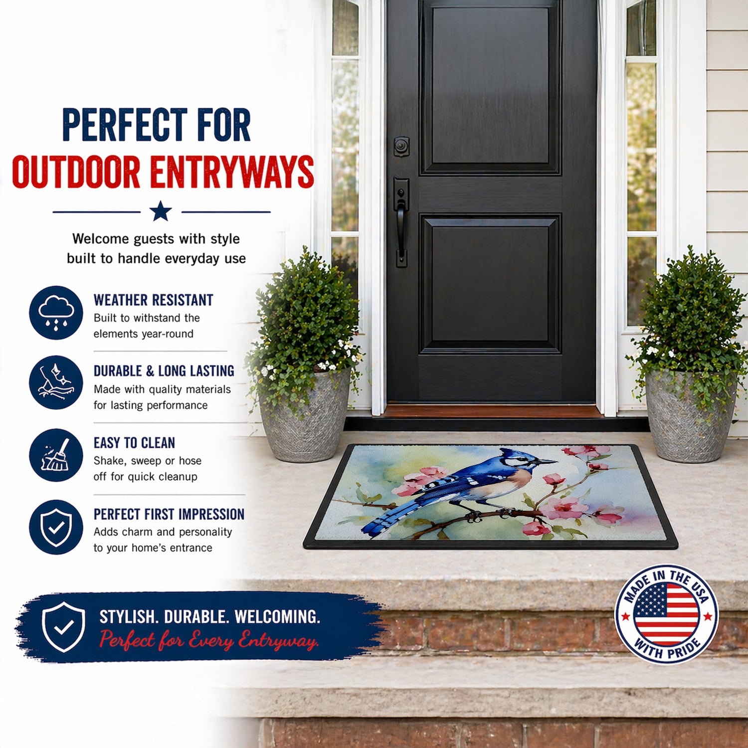 Blue Jay on Blossom Branch Doormat Indoor Outdoor 24H X 36W Front Door Mat Rugs for Entryway, Non Slip Washable Low Pile,