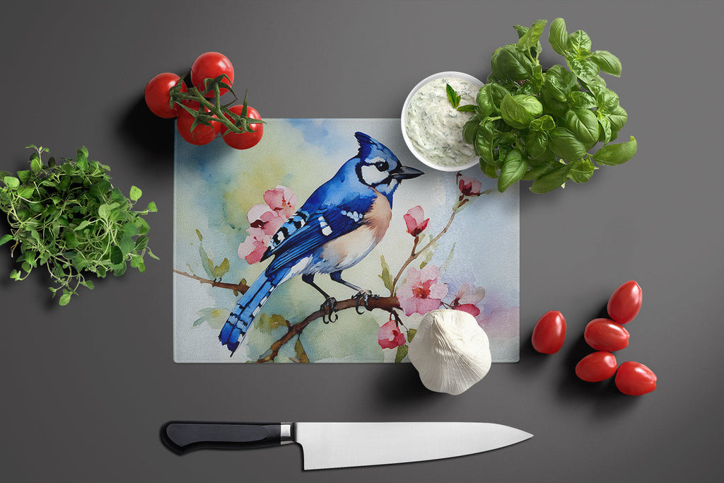 Blue Jay on Blossom Branch Cutting Board Tempered Glass Kitchen Cutting Surface, Heat Resistant Chopping, Non-Slip Feet, Food Prep & Serving