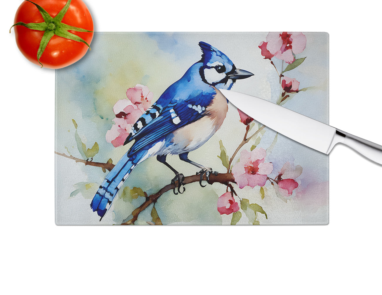 Blue Jay on Blossom Branch Cutting Board Tempered Glass Kitchen Cutting Surface, Heat Resistant Chopping, Non-Slip Feet, Food Prep & Serving