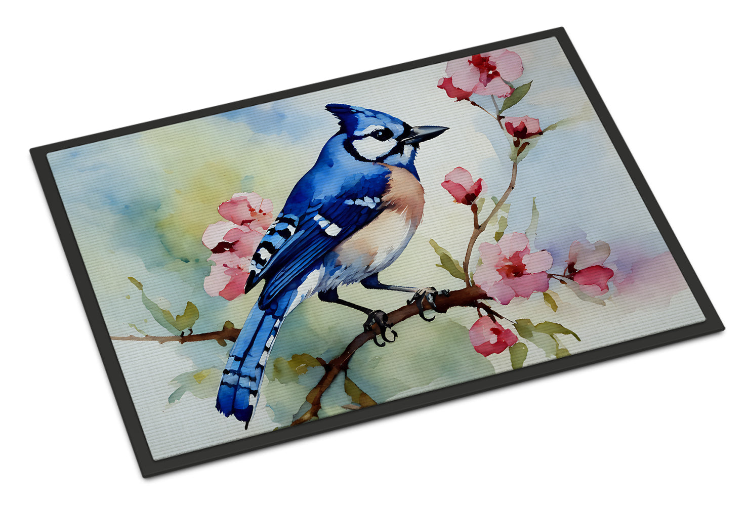 Blue Jay on Blossom Branch Doormat Indoor Outdoor 18H X 27W Front Door Mat Rugs for Entryway, Non Slip Washable