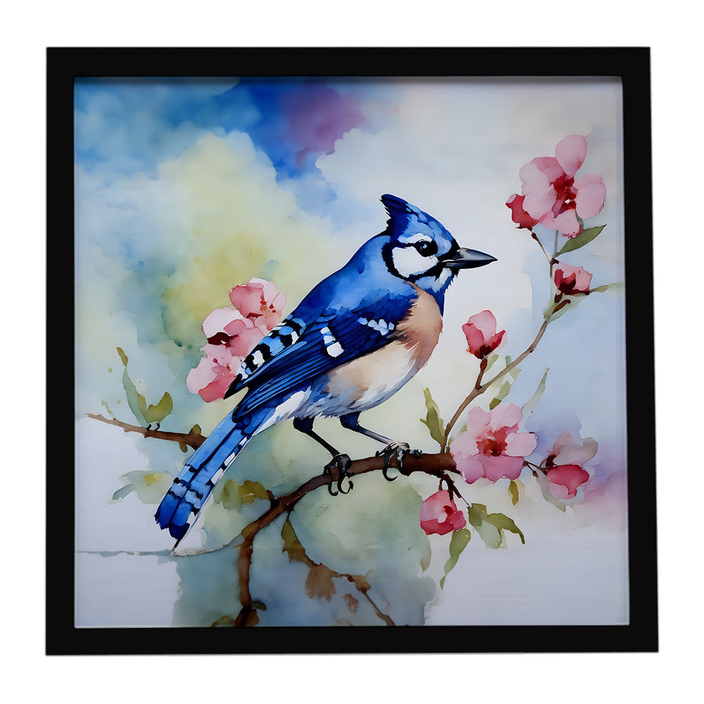 Blue Jay on Blossom Branch Framed Metal Print Bathroom, Kitchen, Office, Home Decor Wall Art Ready to Hang, Square, 8X8