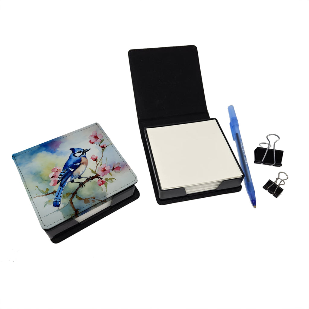 Blue Jay on Blossom Branch PU Leather Note Paper Holder with Artist-Designed Cover, Desk Accessory, Office Gift