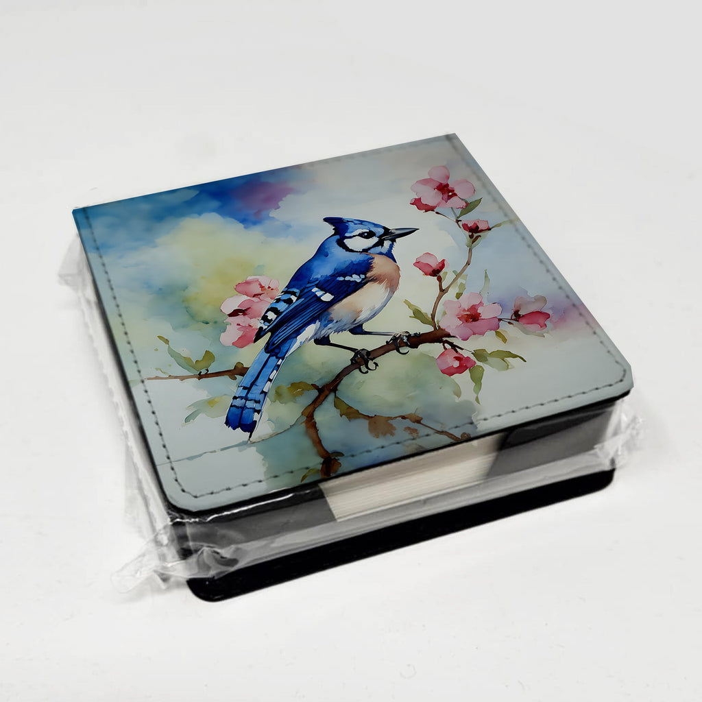 Blue Jay on Blossom Branch PU Leather Note Paper Holder with Artist-Designed Cover, Desk Accessory, Office Gift
